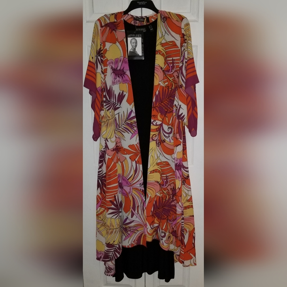 ATTITUDES BY RENEE BLACK TANK MAXI DRESS + LEAF PRINT DUSTER - NEW/TAGS - SIZE L